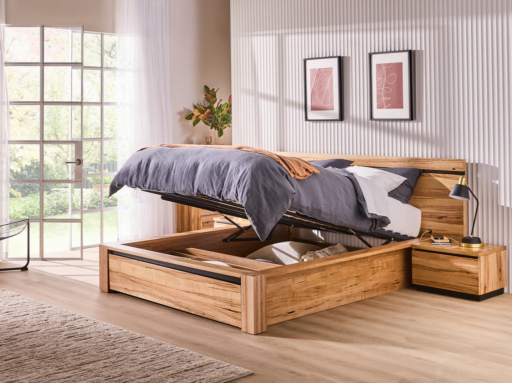 Chelsea Bed Frame with Gas Lift 1 Drawer Base & Tech Pack - Queen / Natural