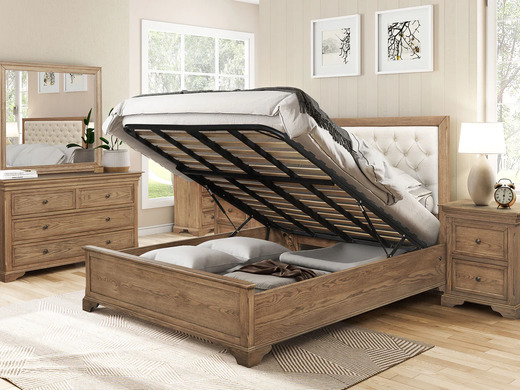 Dorset Square Bed Frame with Gas Lift Base - Queen / Light Walnut 3 Dorset Square Bed Frame with Gas Lift Base - Queen / Light Walnut