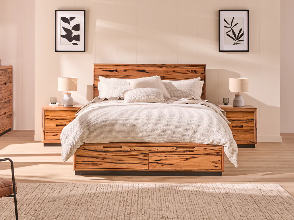 Kimberley Bed Frame with Gaslift 2 Drawer Base - Queen / Natural