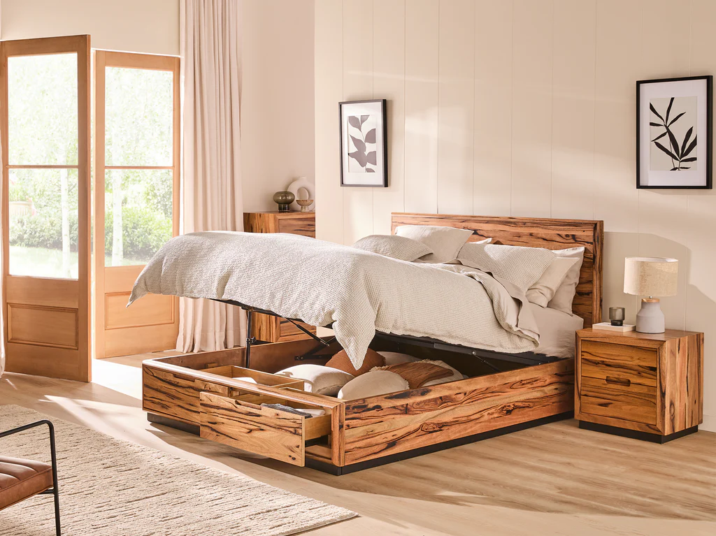 Kimberley Bed Frame with Gaslift 2 Drawer Base - Queen / Natural