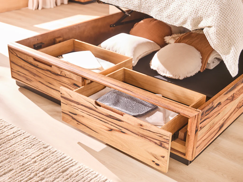 Kimberley Bed Frame with Gaslift 2 Drawer Base - Queen / Natural