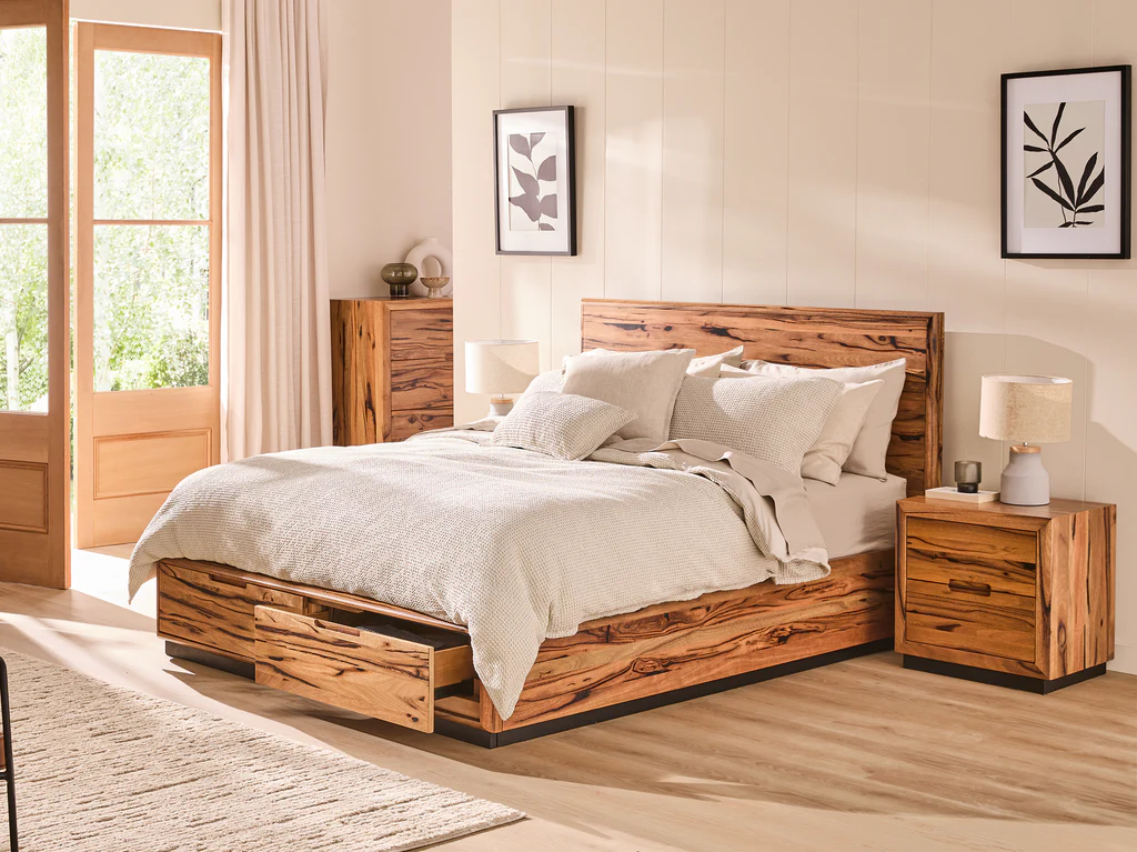 Kimberley Bed Frame with Gaslift 2 Drawer Base - Queen / Natural