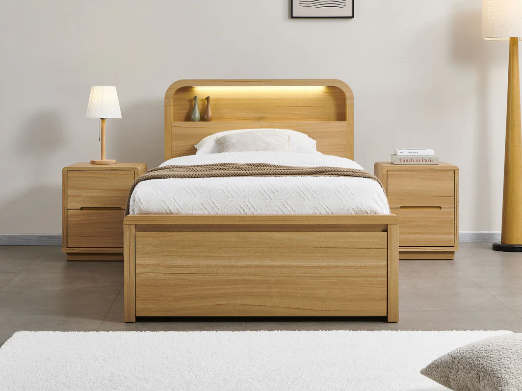 Byron Bed Frame with Gas Lift 2 Drawer Base - King Single / Natural