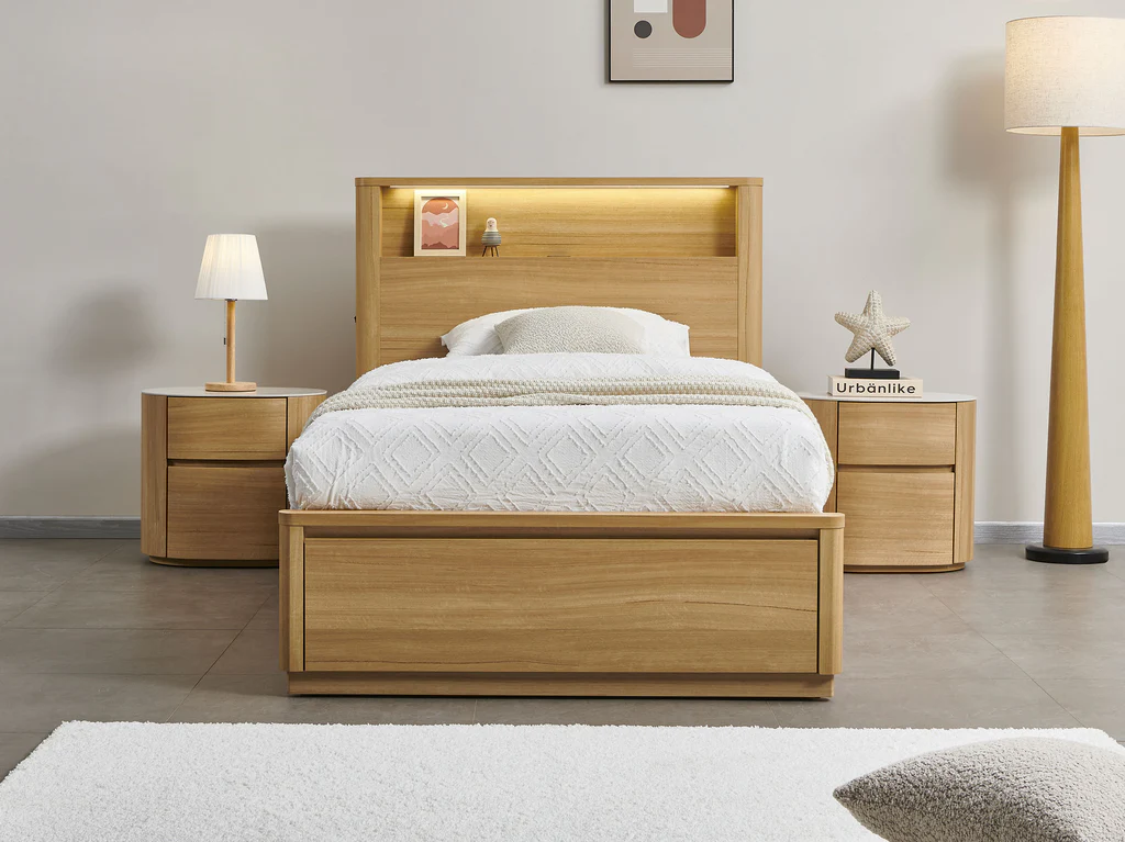 Bronte Bed Frame with Gas Lift 2 Drawer Base & Tech Pack - King Single / Natural