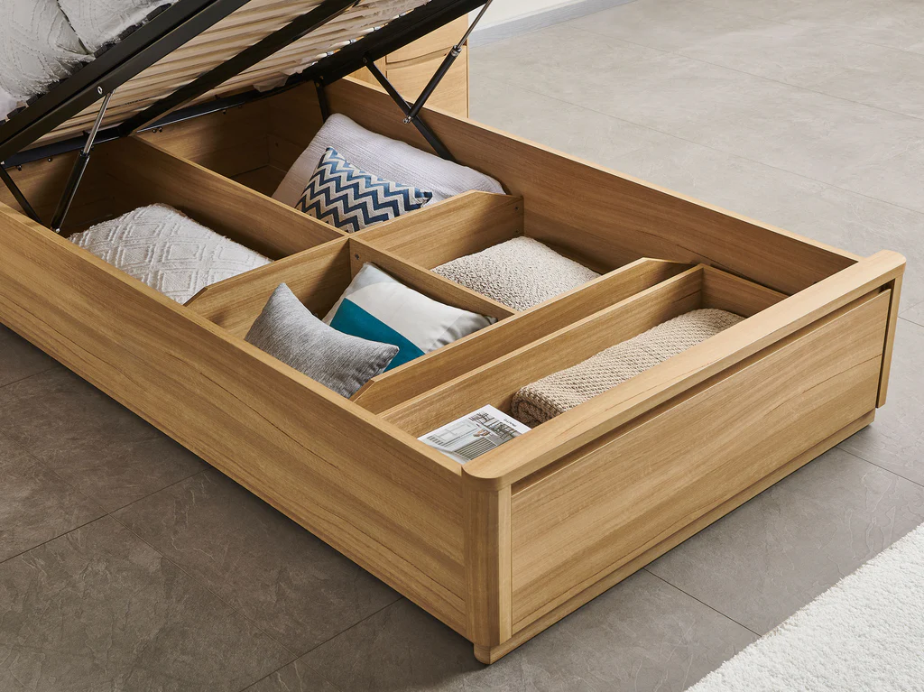 Bronte Bed Frame with Gas Lift 2 Drawer Base & Tech Pack - King Single / Natural