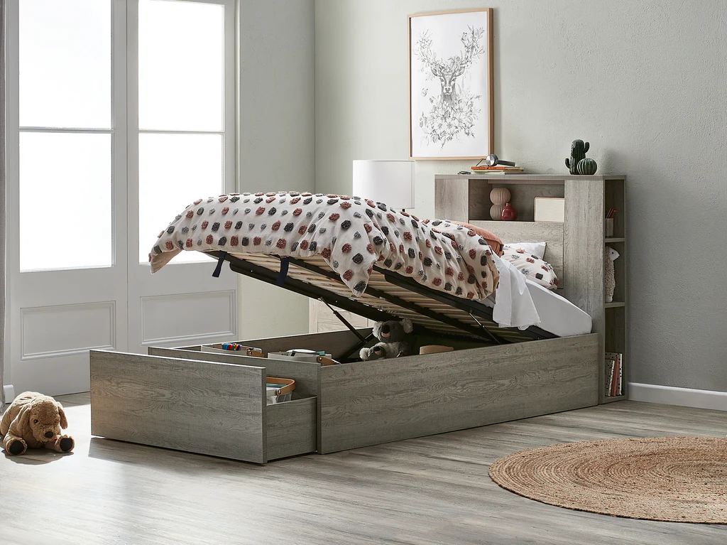 Empire Bed Frame with Gas Lift Storage Base with 1 Drawer - King Single / Ash