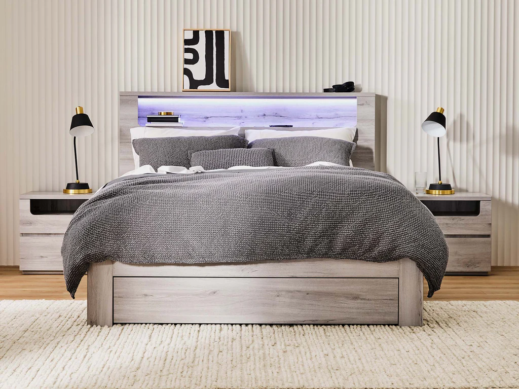 Panama Bed Frame with Side Gas Lift Base - King Single / Washed Grey