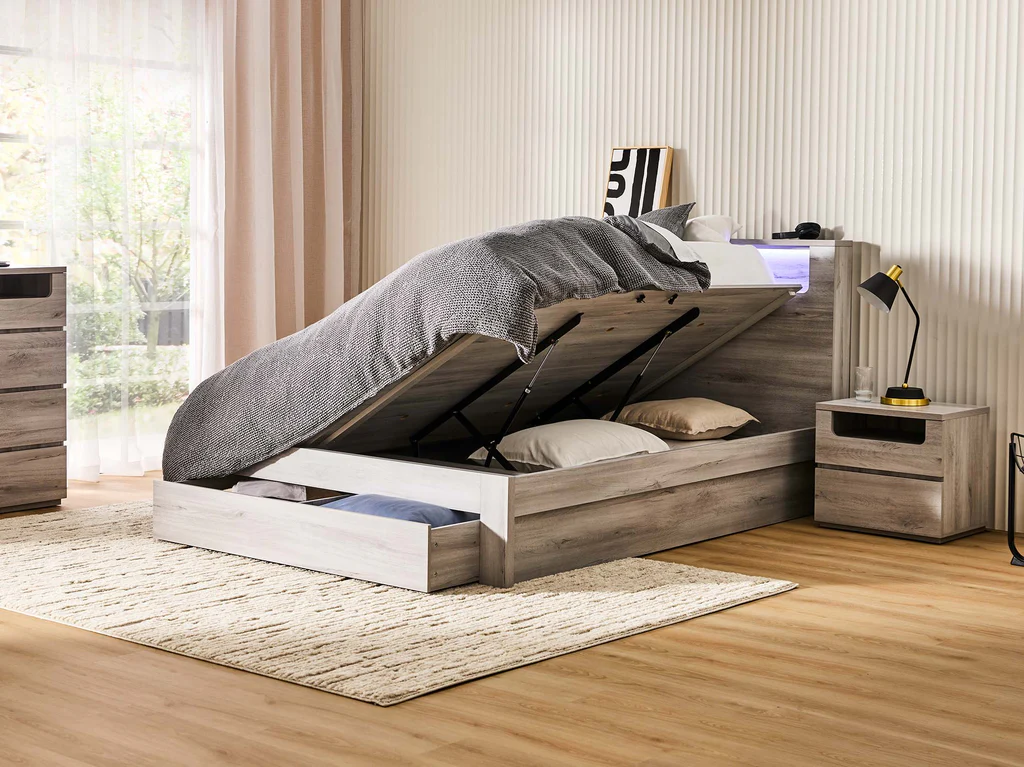 Panama Bed Frame with Side Gas Lift Base - King Single / Washed Grey