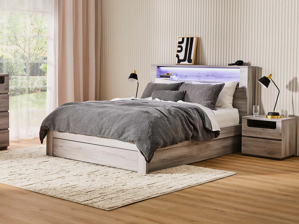 Panama Bed Frame with Side Gas Lift Base - King Single / Washed Grey