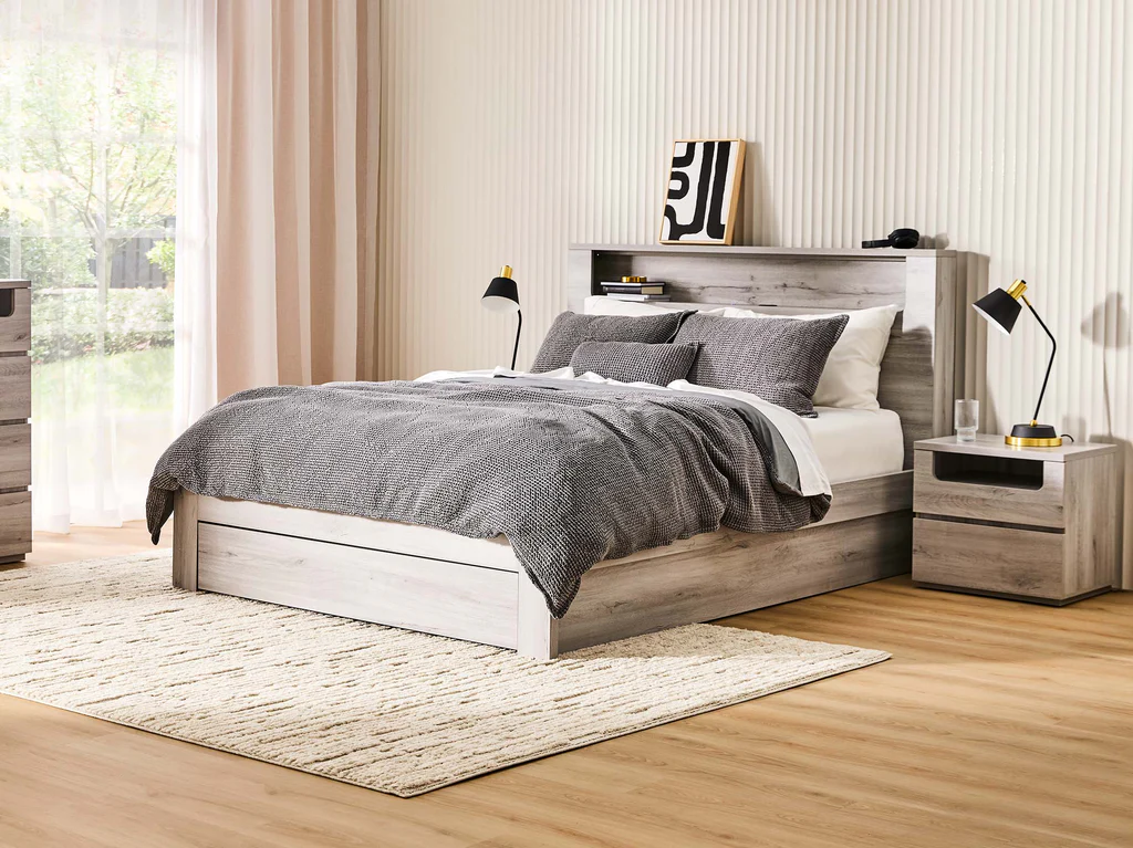 Panama Bed Frame with Side Gas Lift Base - King Single / Washed Grey