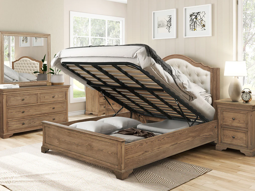 Dorset Ornate Bed Frame with Gas Lift Base - Queen / Light Walnut