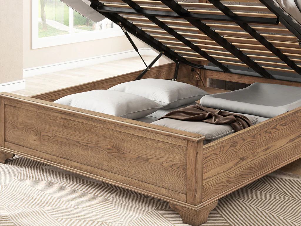 Dorset Ornate Bed Frame with Gas Lift Base - Queen / Light Walnut