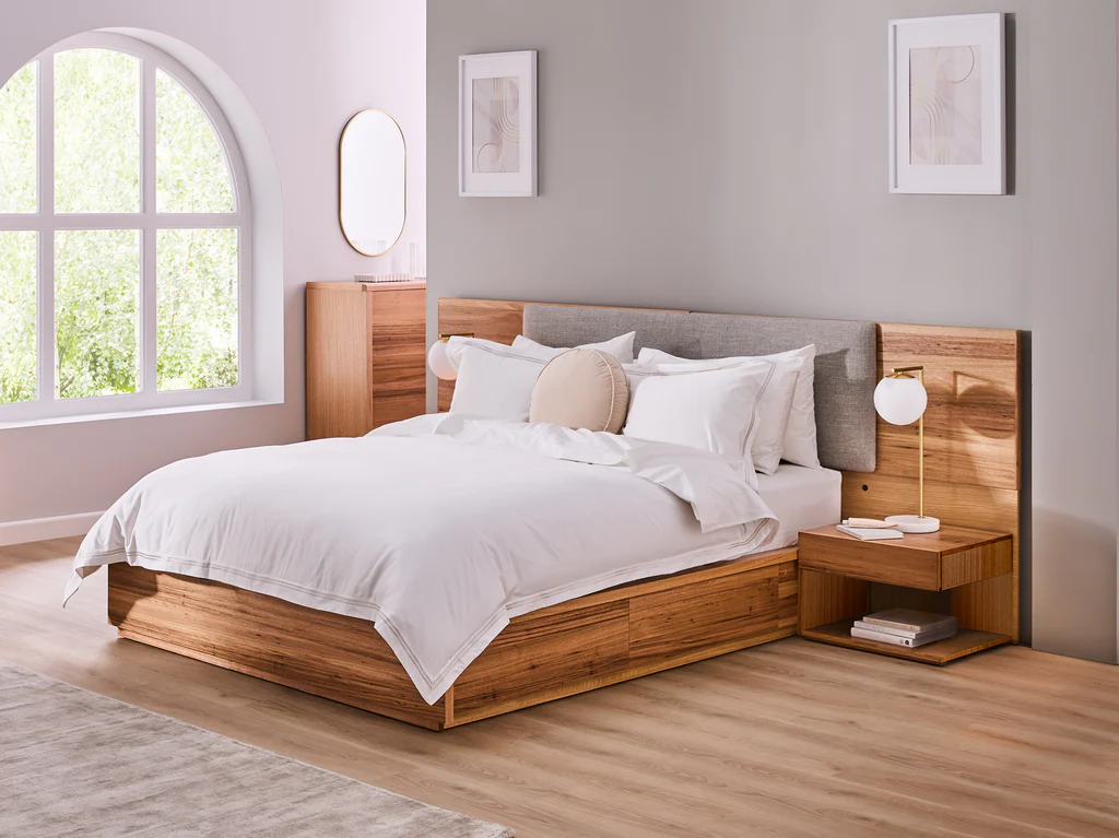 Espada Bed Frame with 4 Drawer Base & Bedsides - Queen / Light Ash