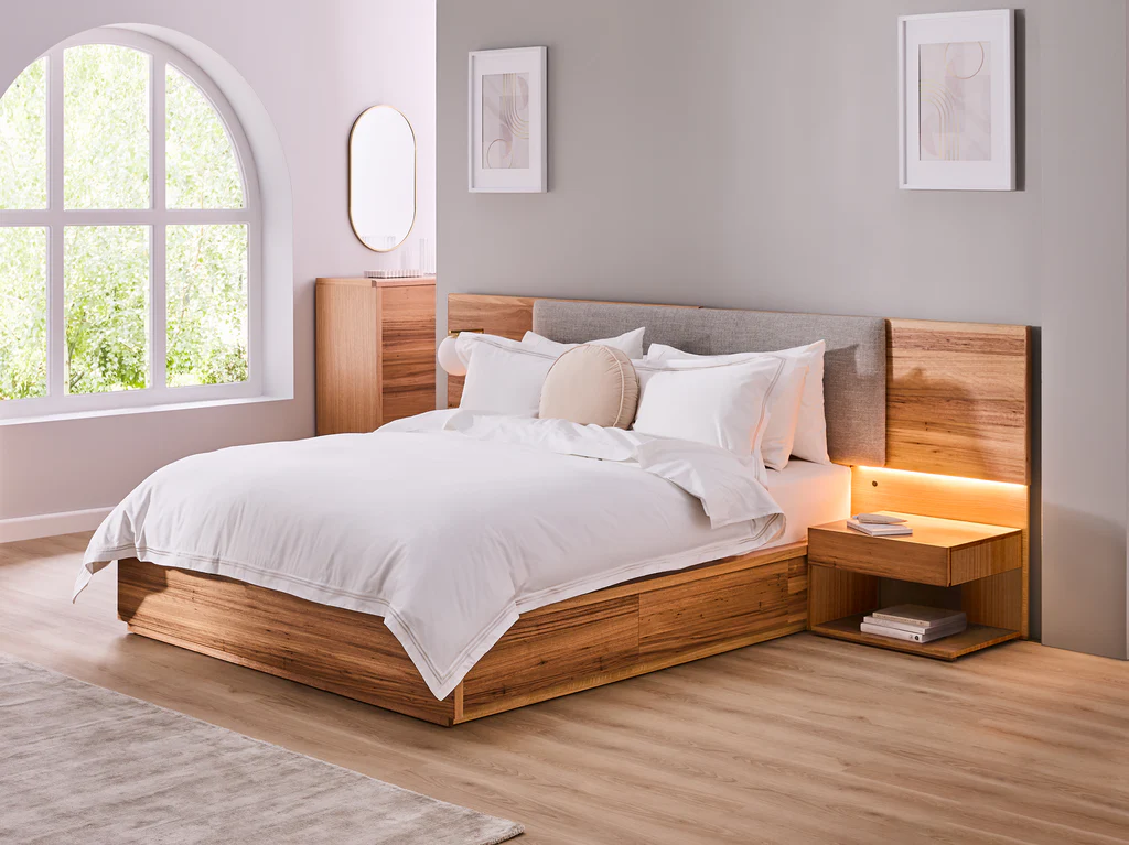 Espada Bed Frame with 4 Drawer Base & Bedsides - Queen / Light Ash 4 Espada Bed Frame with 4 Drawer Base & Bedsides - Queen / Light Ash